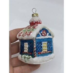 Vtg Old Wold‎ Christmas House Glass Ornament Blue